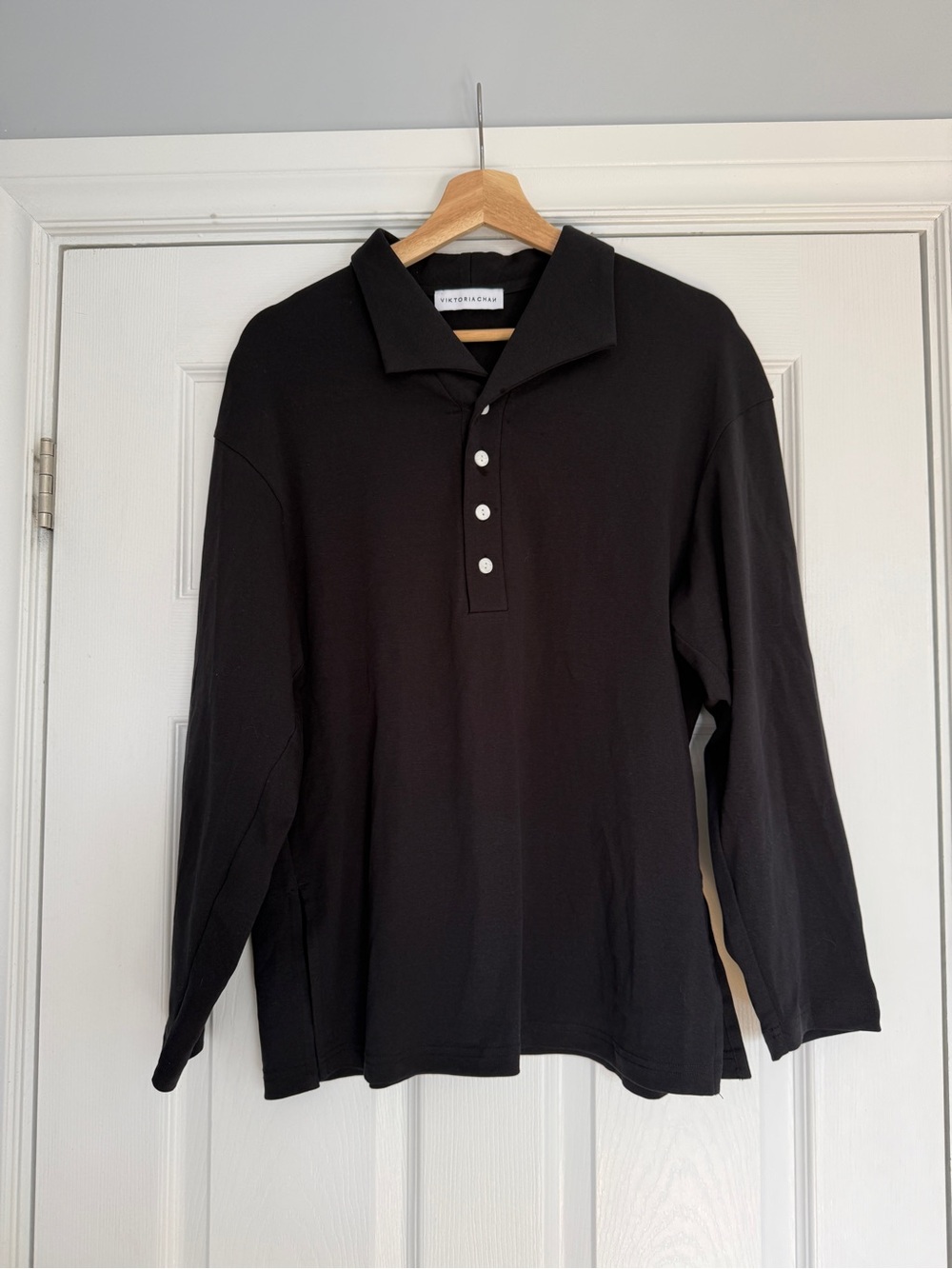 Long-Sleeve Black Polo with Button Placket